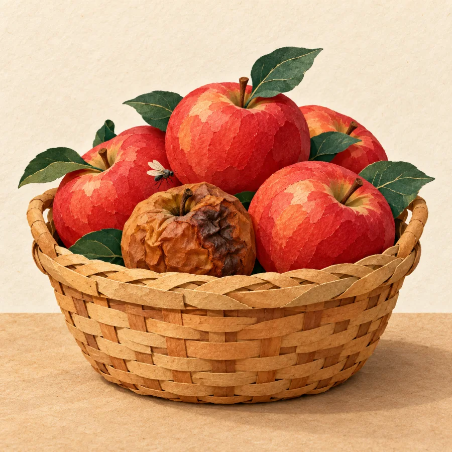A basket of red apples with one rotten apple