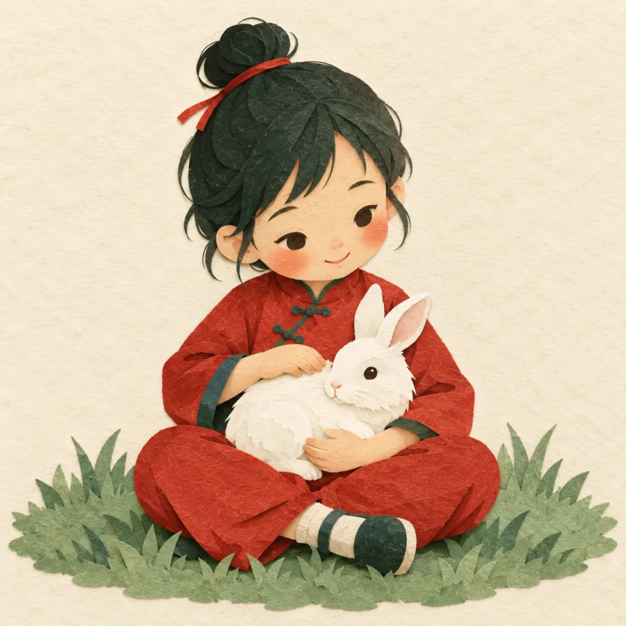 A girl gently strokes a white rabbit in her lap