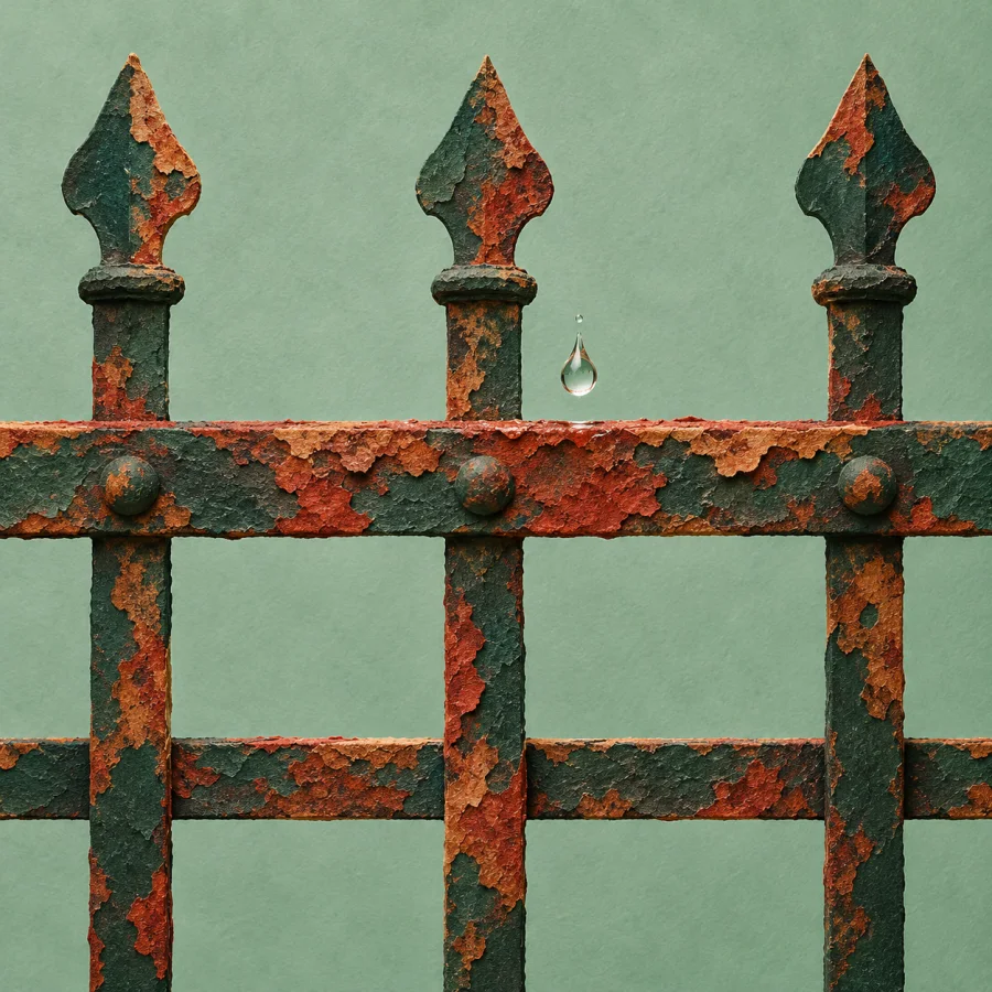 An old iron fence with rust patches and a water drop