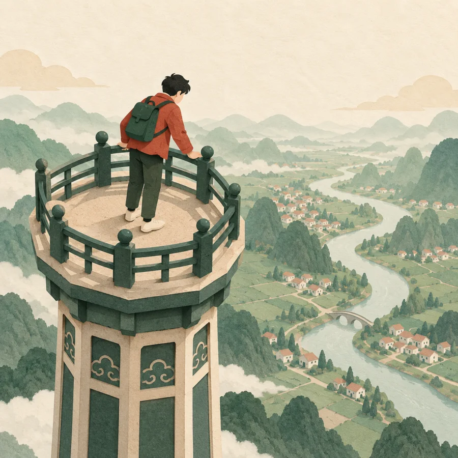 A person on a tower looks down at houses and a river