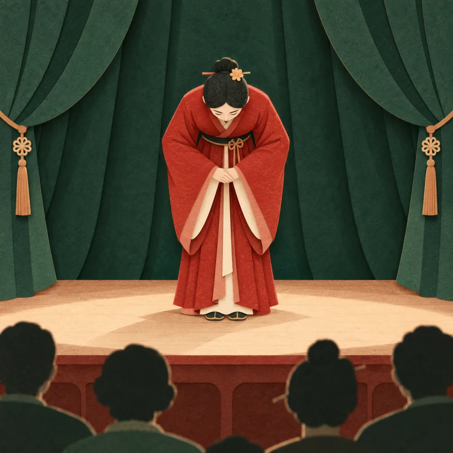 A performer in a red robe bows deeply to the audience