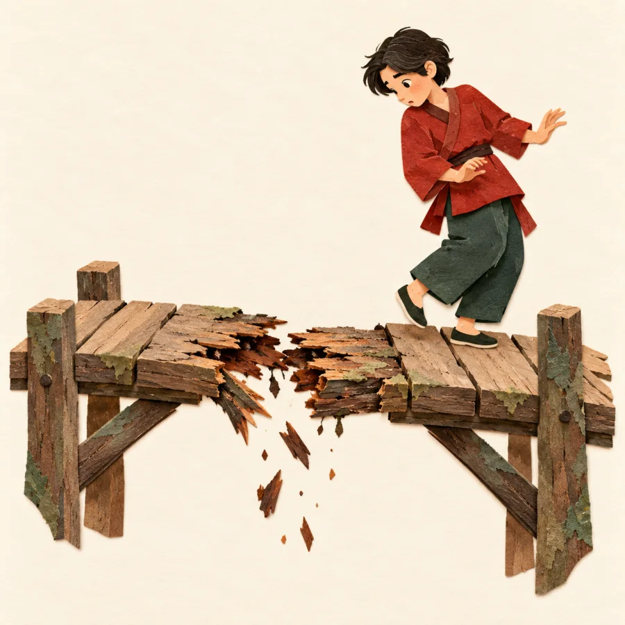 A person steps back from a crumbling rotten plank
