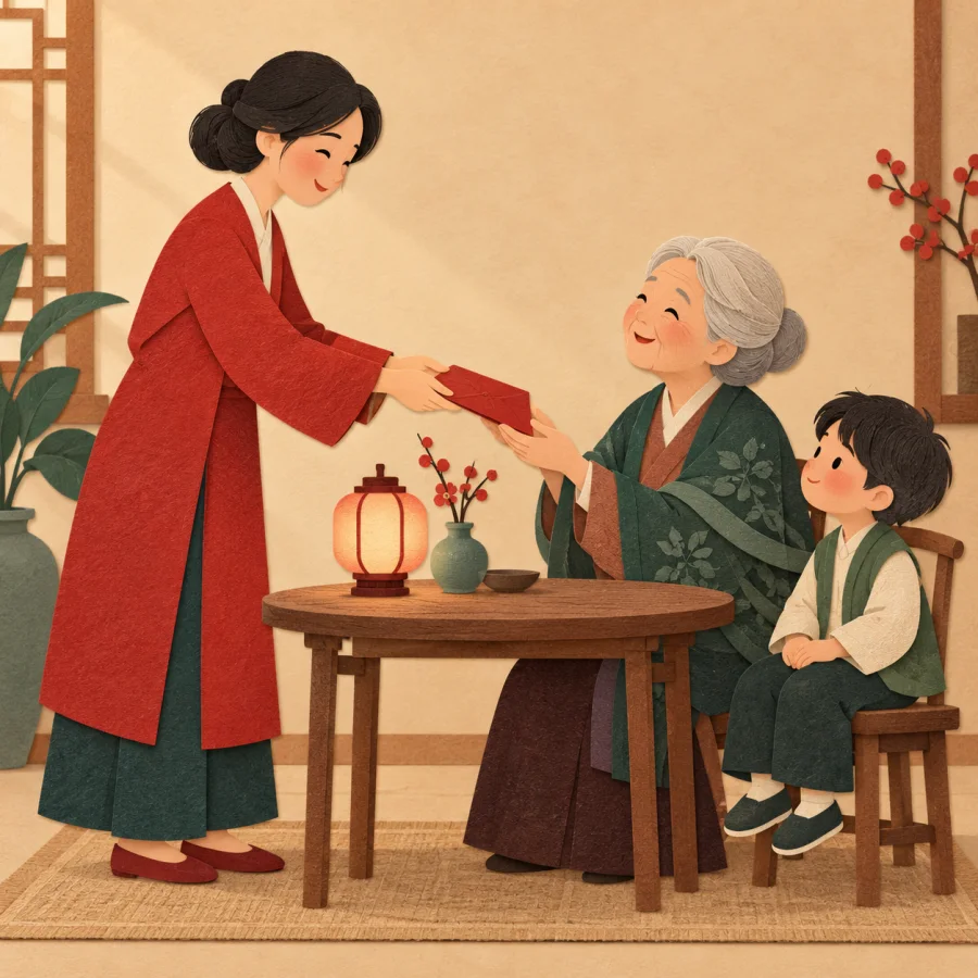 A person hands an envelope to an elderly woman and a child