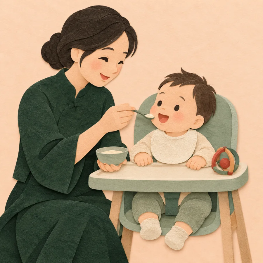 A person feeds a baby with a spoon