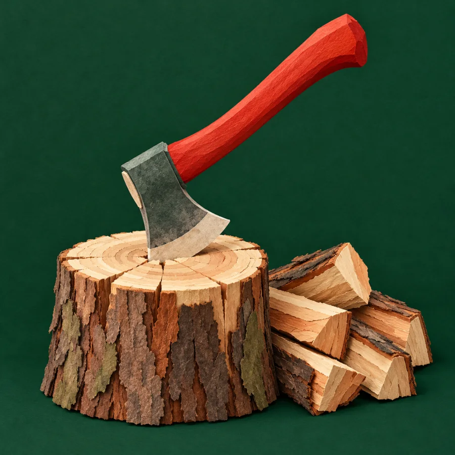 An axe stuck in a chopping block beside logs