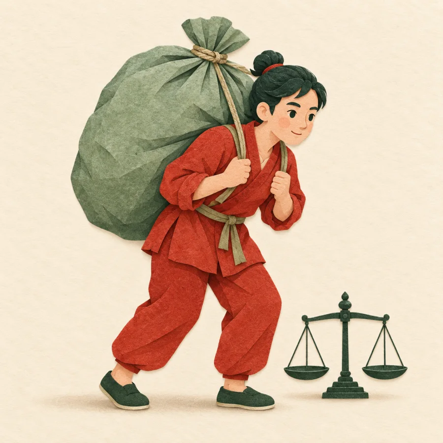 A person bends under a heavy sack