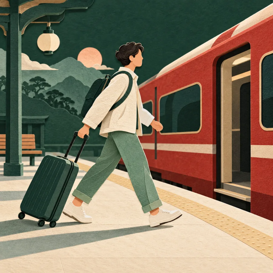 A traveller with a suitcase walks toward a waiting train
