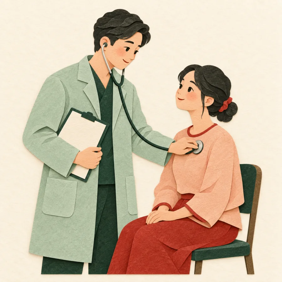 A doctor listens to a patient with a stethoscope