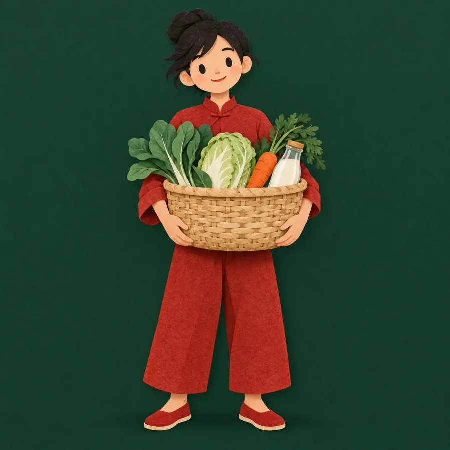 A person carries a basket of vegetables with a bottle of milk