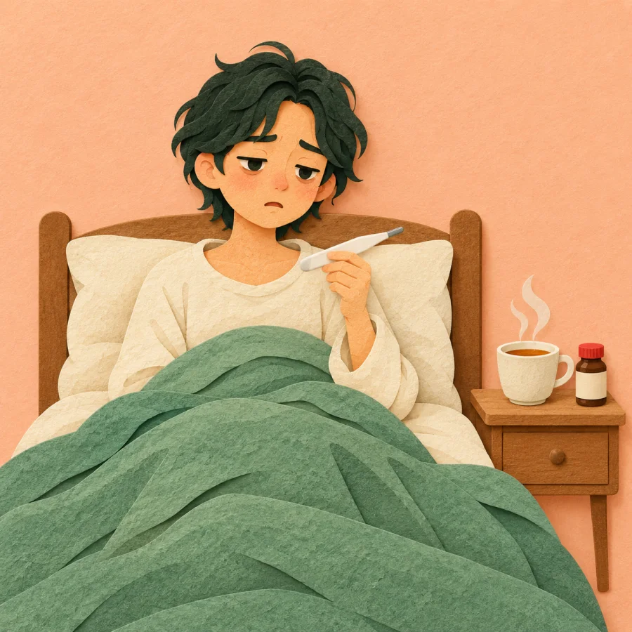 A sick person sits in bed holding a thermometer