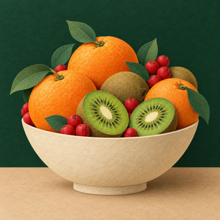 A bowl overflowing with oranges, kiwis and berries