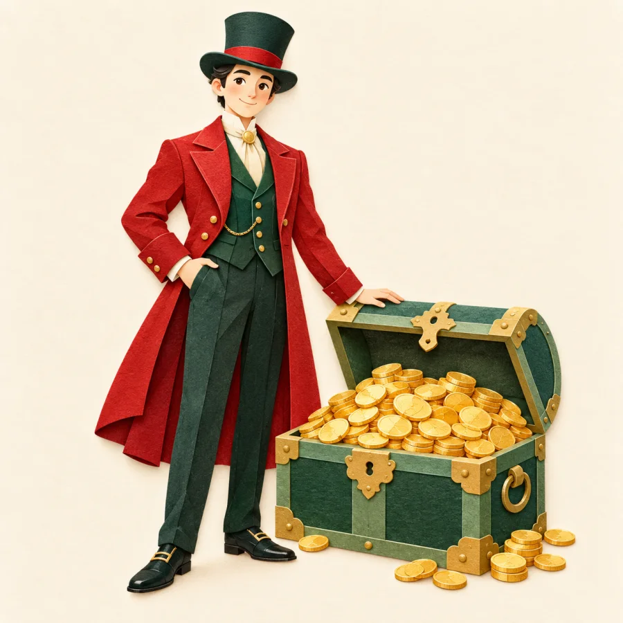 A richly dressed person stands beside a chest of gold coins