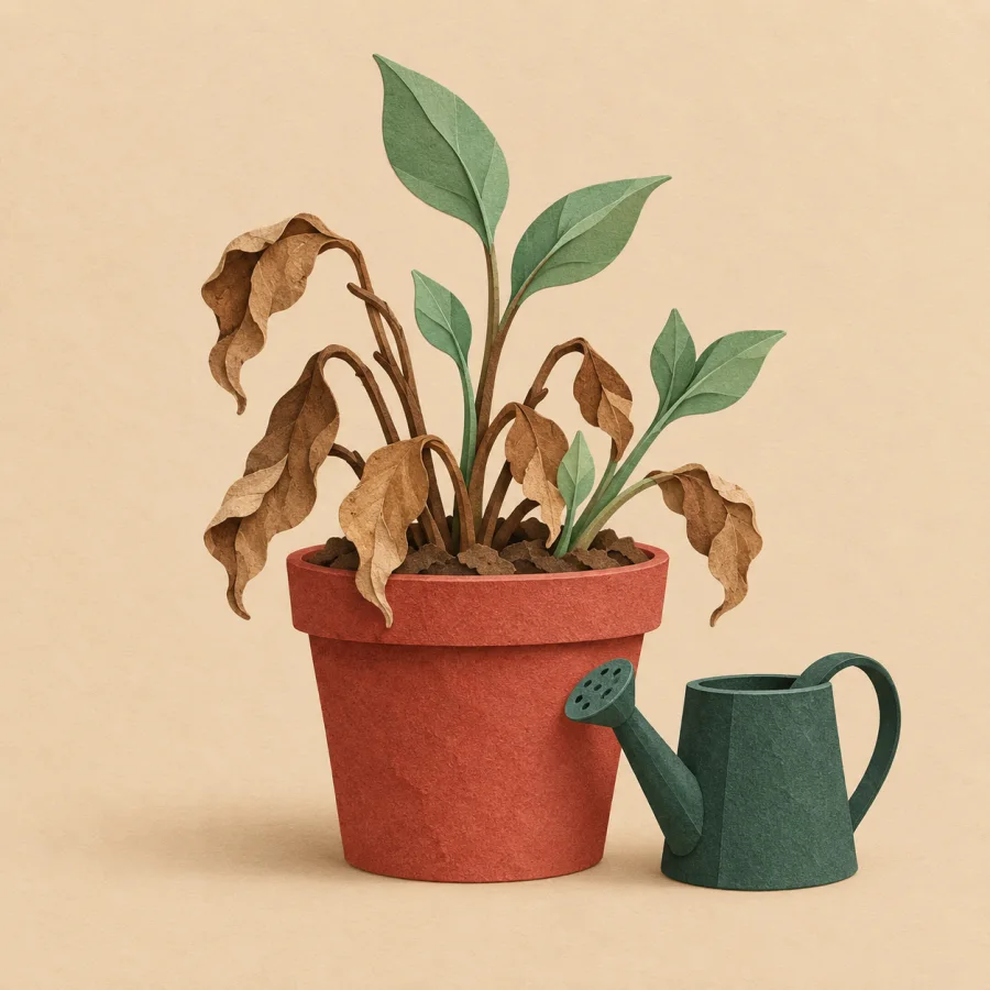A withered plant sprouts fresh green leaves