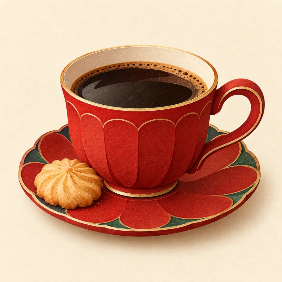 A coffee cup on a saucer with an extra cookie