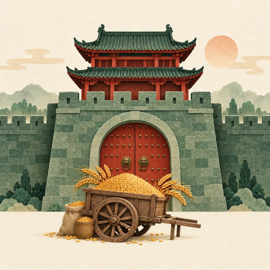 A sturdy city gate and a cart full of grain