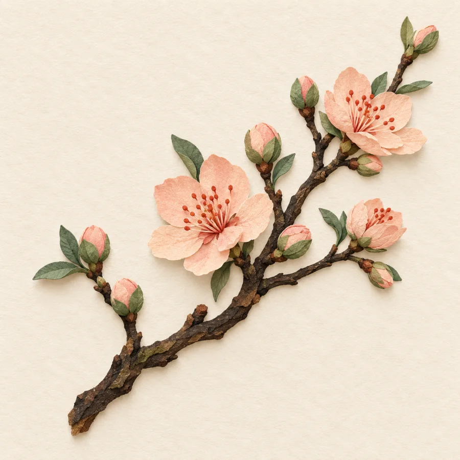 A bare branch with opening buds and blossoms