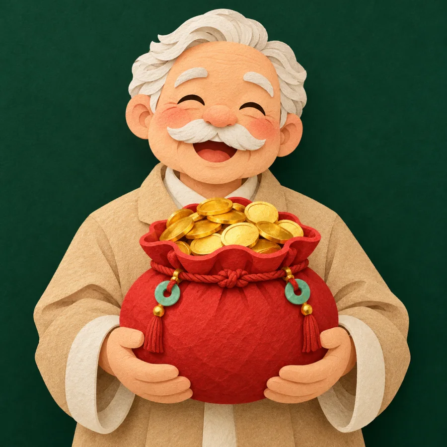 An elderly man with a moustache holds a purse of coins