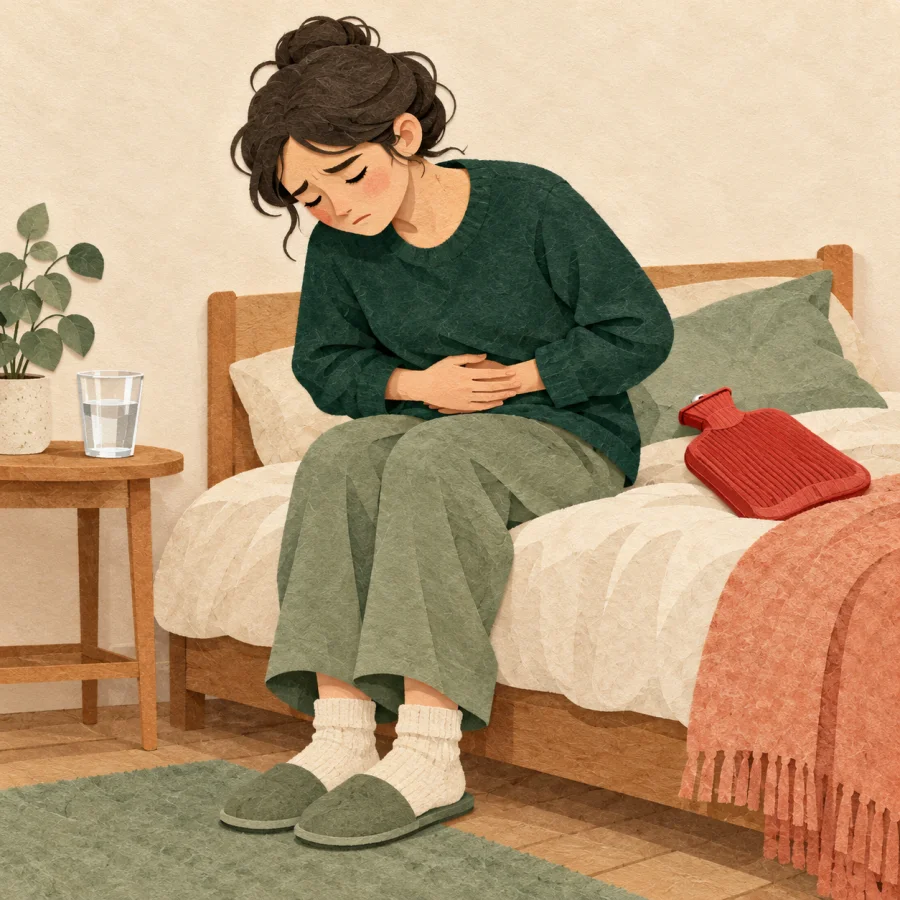 A person holds their stomach beside a glass of water