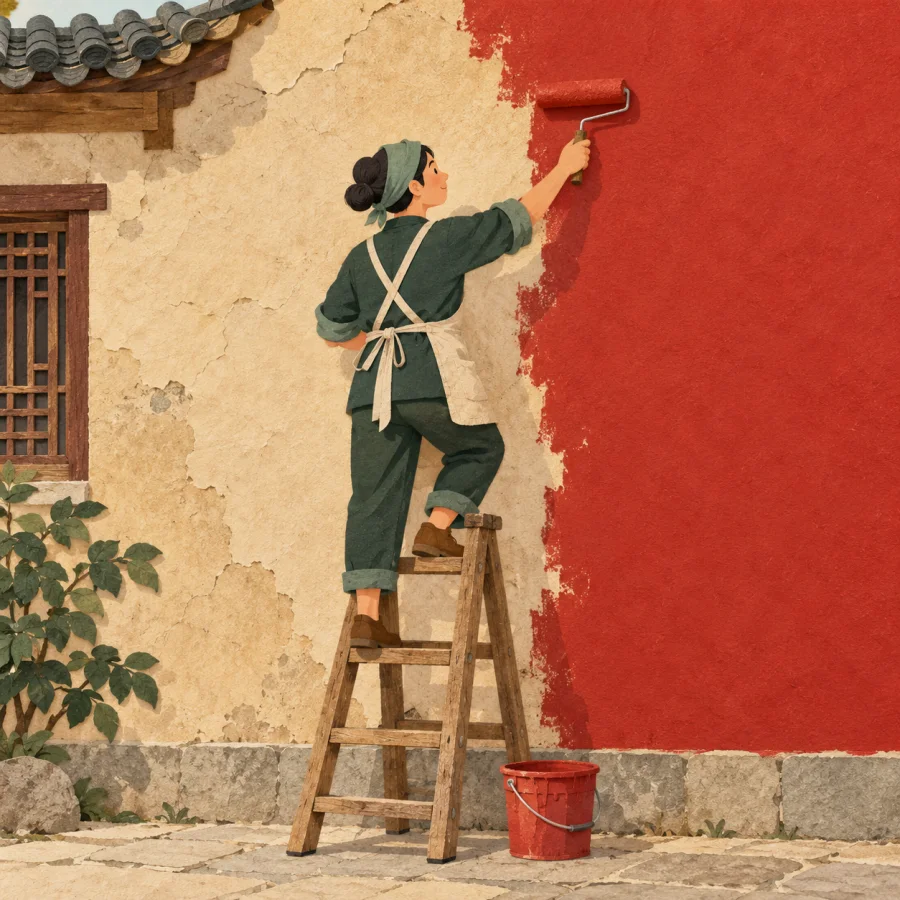A person on a ladder repaints an old wall