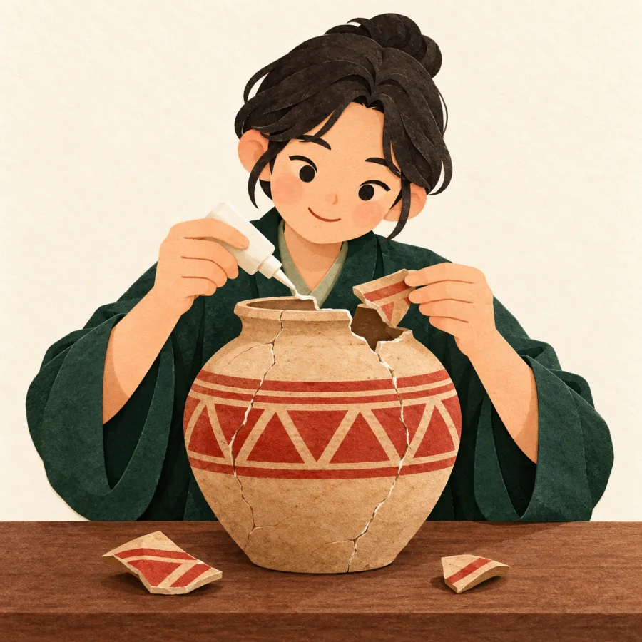 A person glues a broken clay jar back together