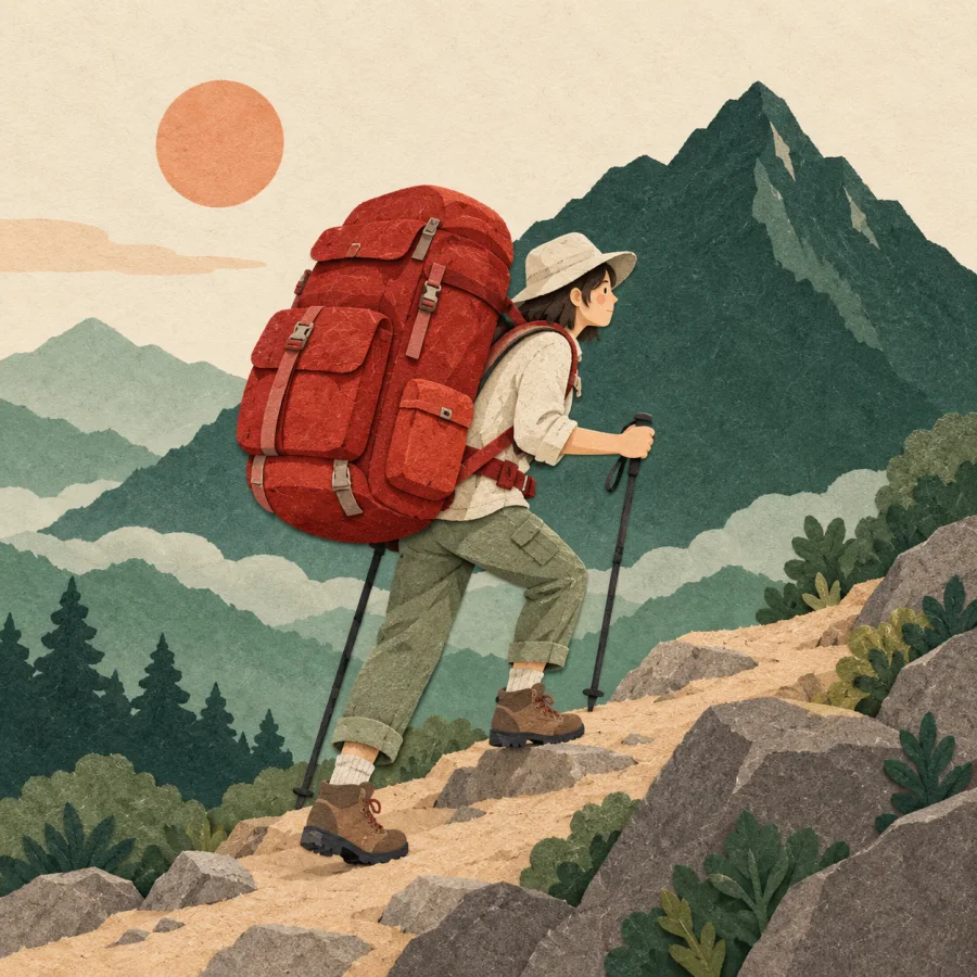 A hiker with a huge backpack climbs a mountain path