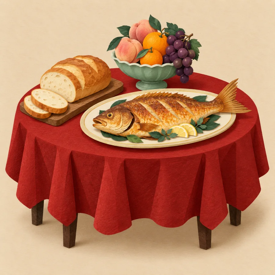 A table laden with bread, fruit and fish