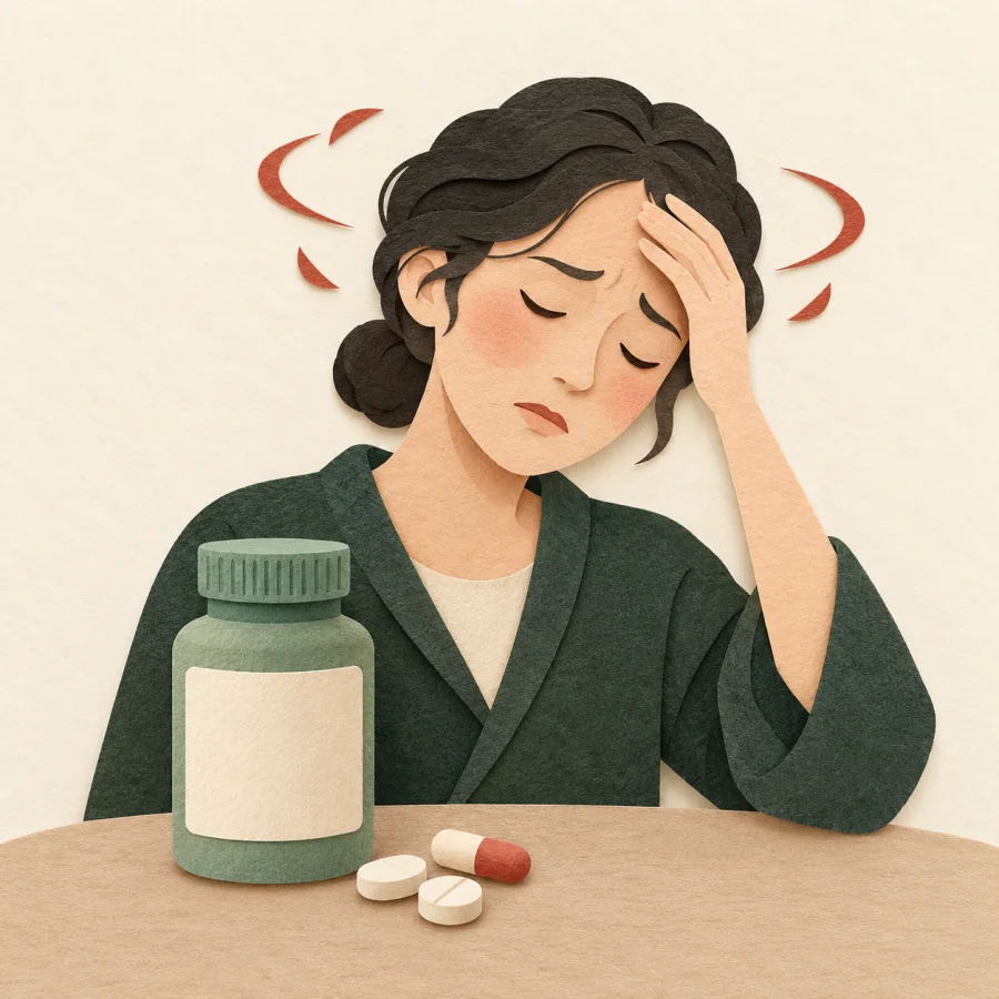 A person holds their head beside a bottle of pills