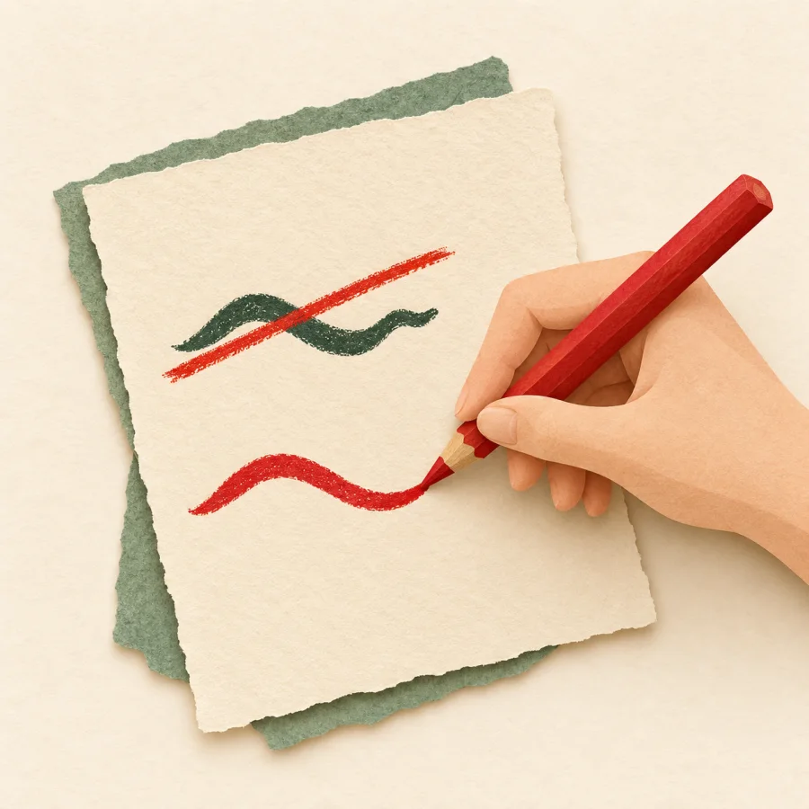 A hand edits a line on a sheet with a red pencil
