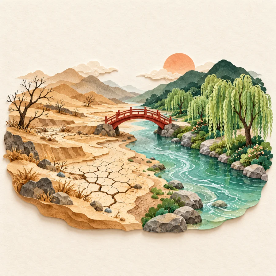 A dry riverbank on the left, a clear river with willows on the right