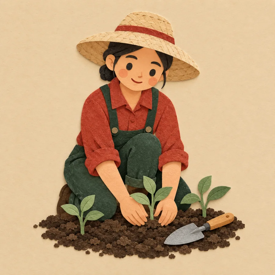 A gardener in a straw hat plants seedlings