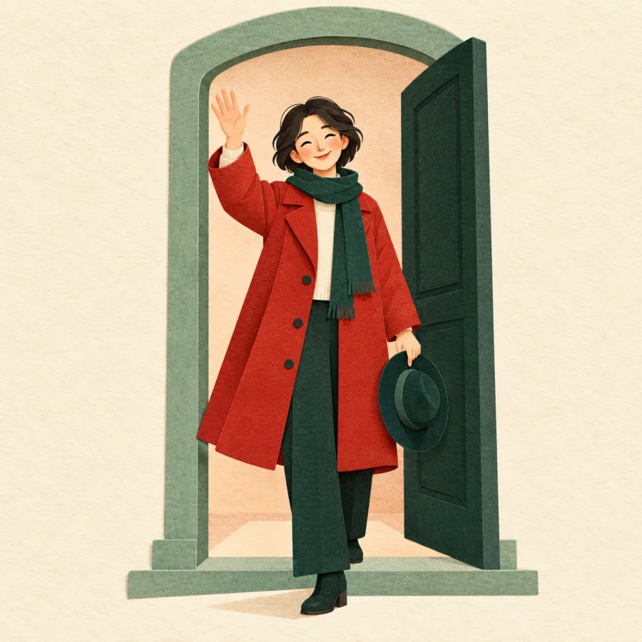 A person waves goodbye at a doorway