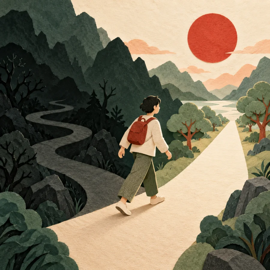 A person turns from a dark trail onto a bright path