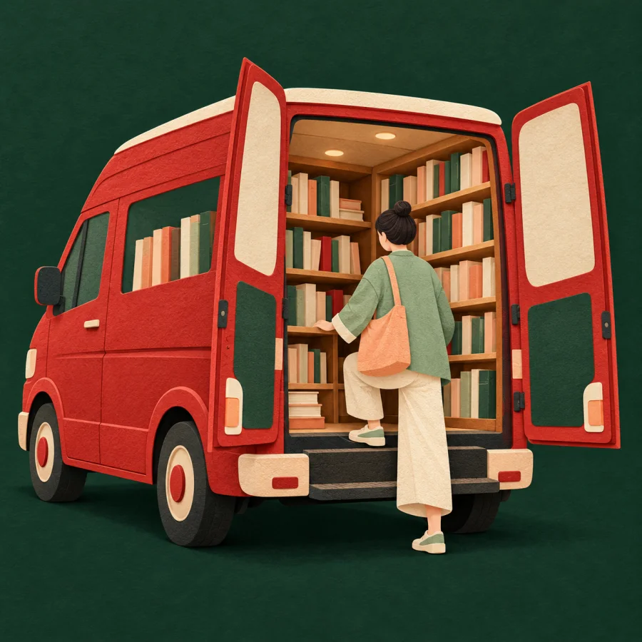 A van with shelves of books inside