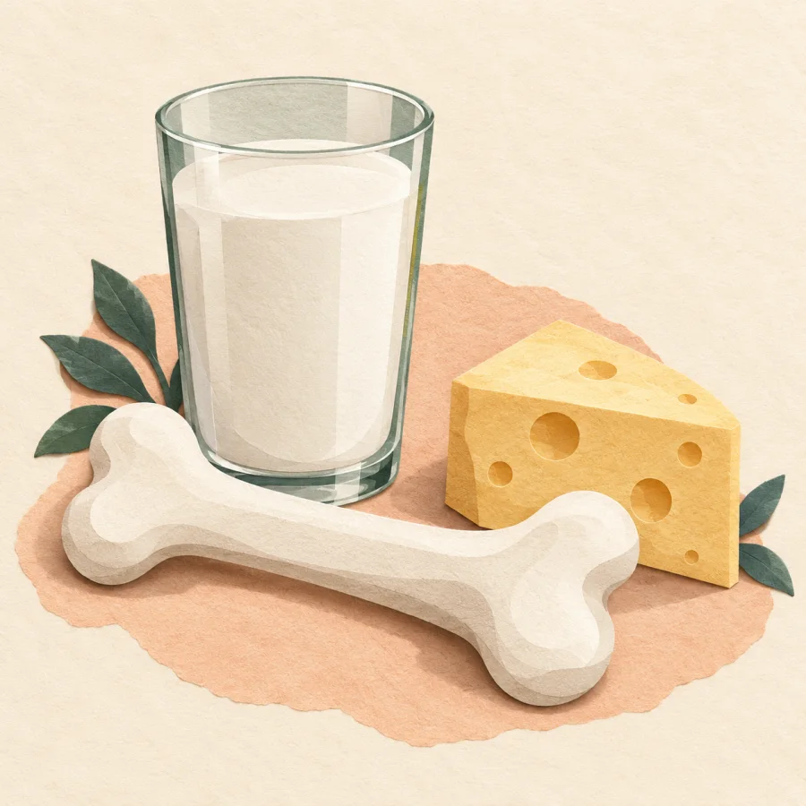 A glass of milk, a bone and a piece of cheese
