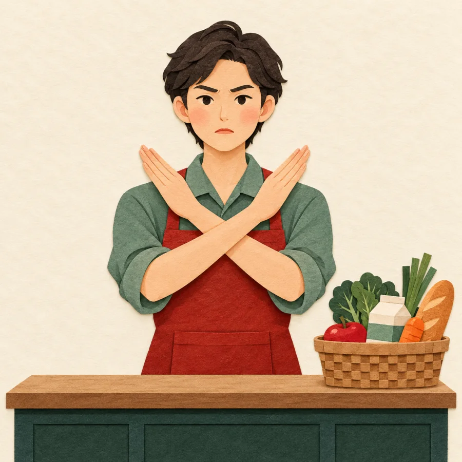 A shop assistant crosses their hands to refuse a customer
