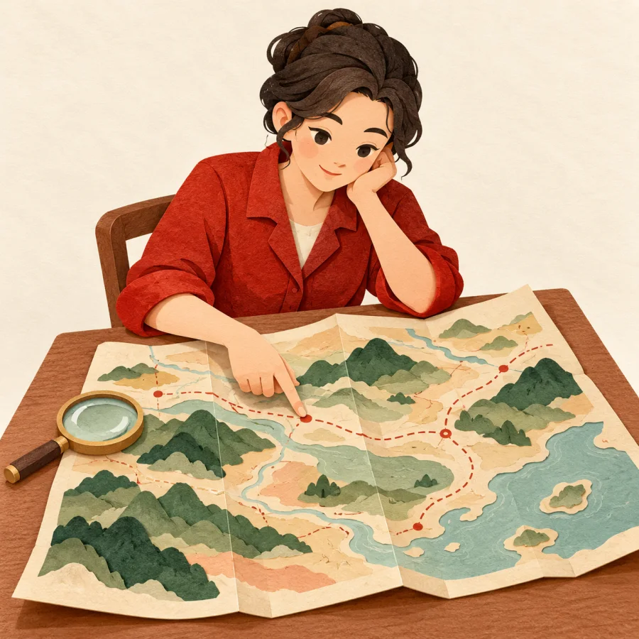 A person points at a large map on a table