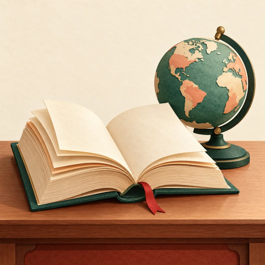 An open textbook on a desk beside a globe