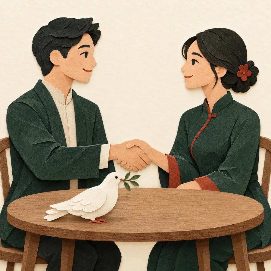 Two people shake hands beside a white dove