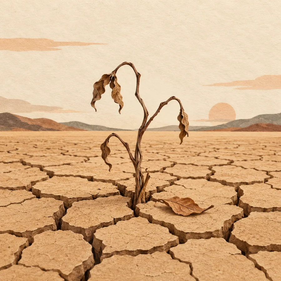 A dry cracked riverbed with a withered plant