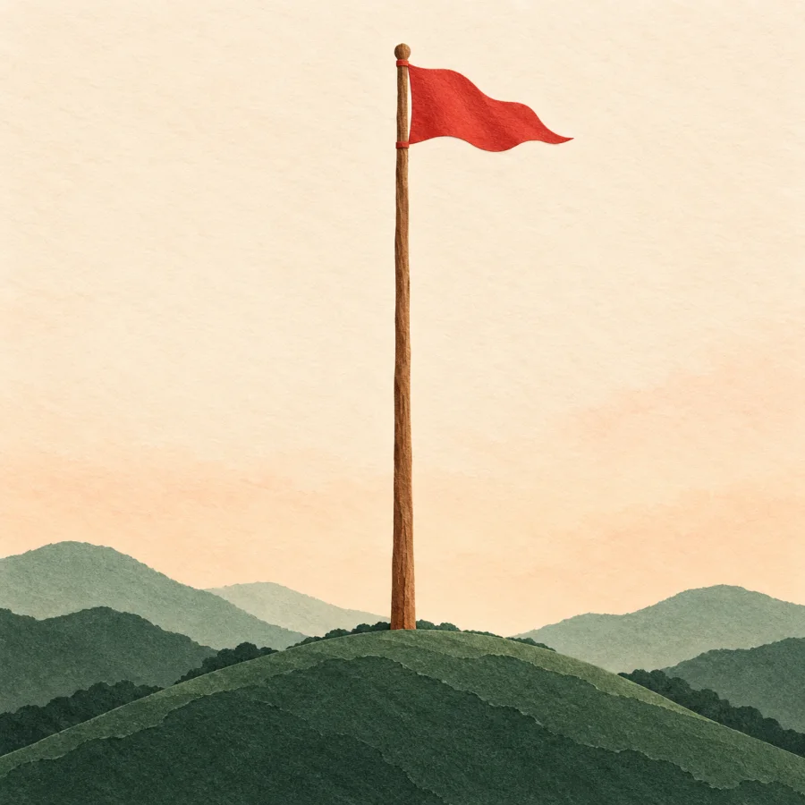 A tall pole with a small red flag on a hill