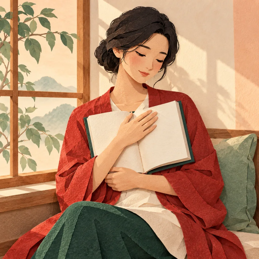 A thoughtful person holds a book to their chest by a window