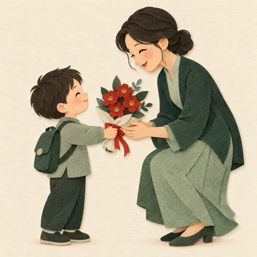 A child offers a bouquet of flowers to a teacher