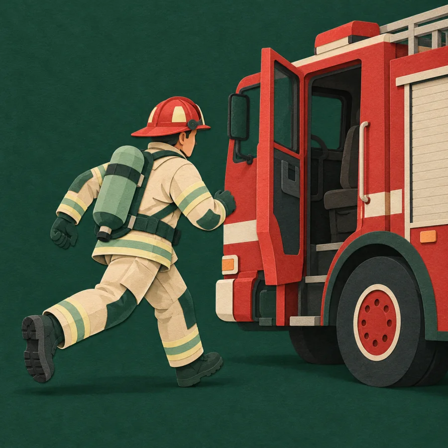 A firefighter runs toward a fire truck with its door open