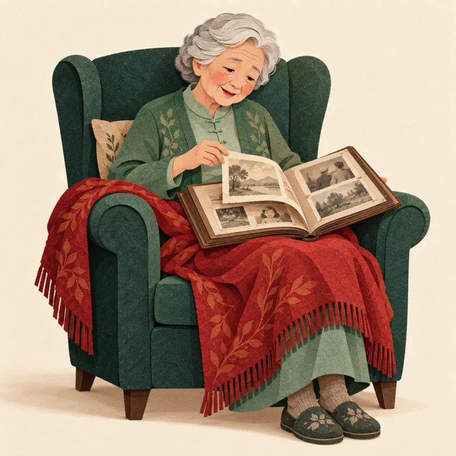 An elderly person leafs through an old photo album