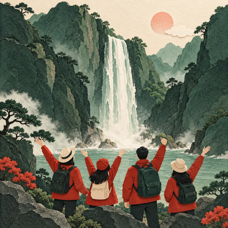 Tourists with raised hands gaze at a waterfall