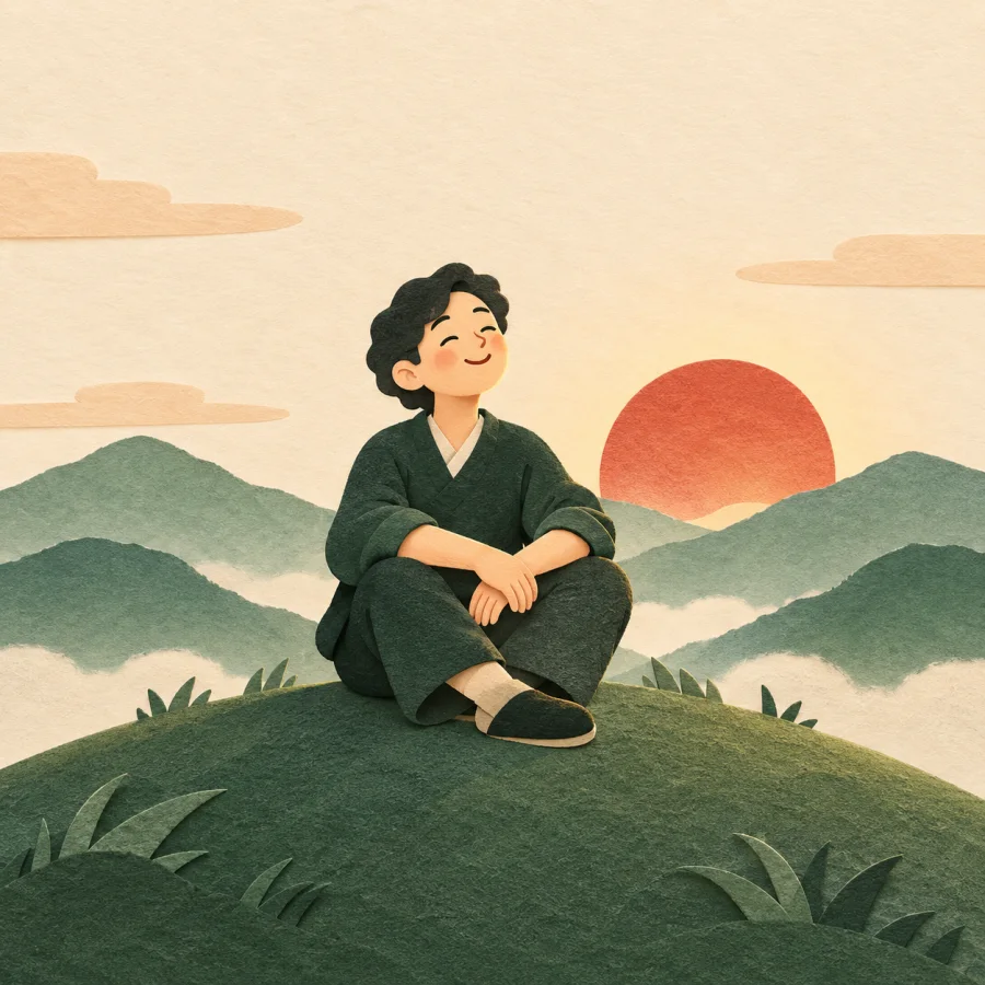 A person sits calmly on a hilltop at sunrise