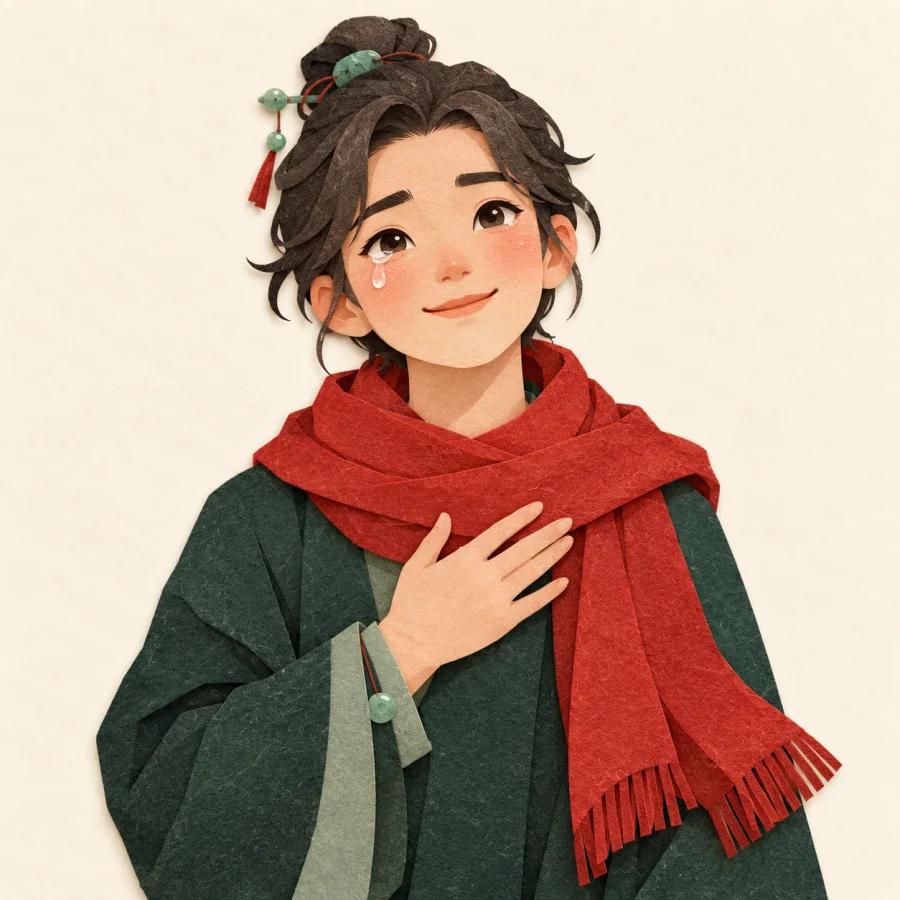 A person with a hand on their chest smiles tearfully