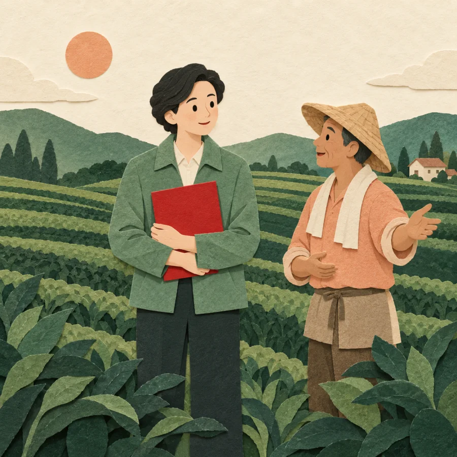 A person with a folder listens to a farmer in a field