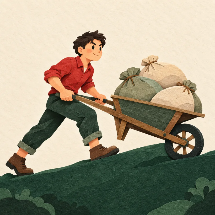 A person energetically pushes a wheelbarrow uphill