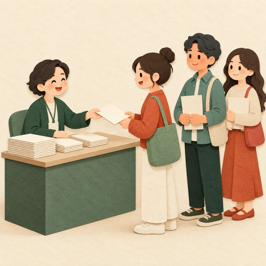 A staff member at a desk hands leaflets to visitors